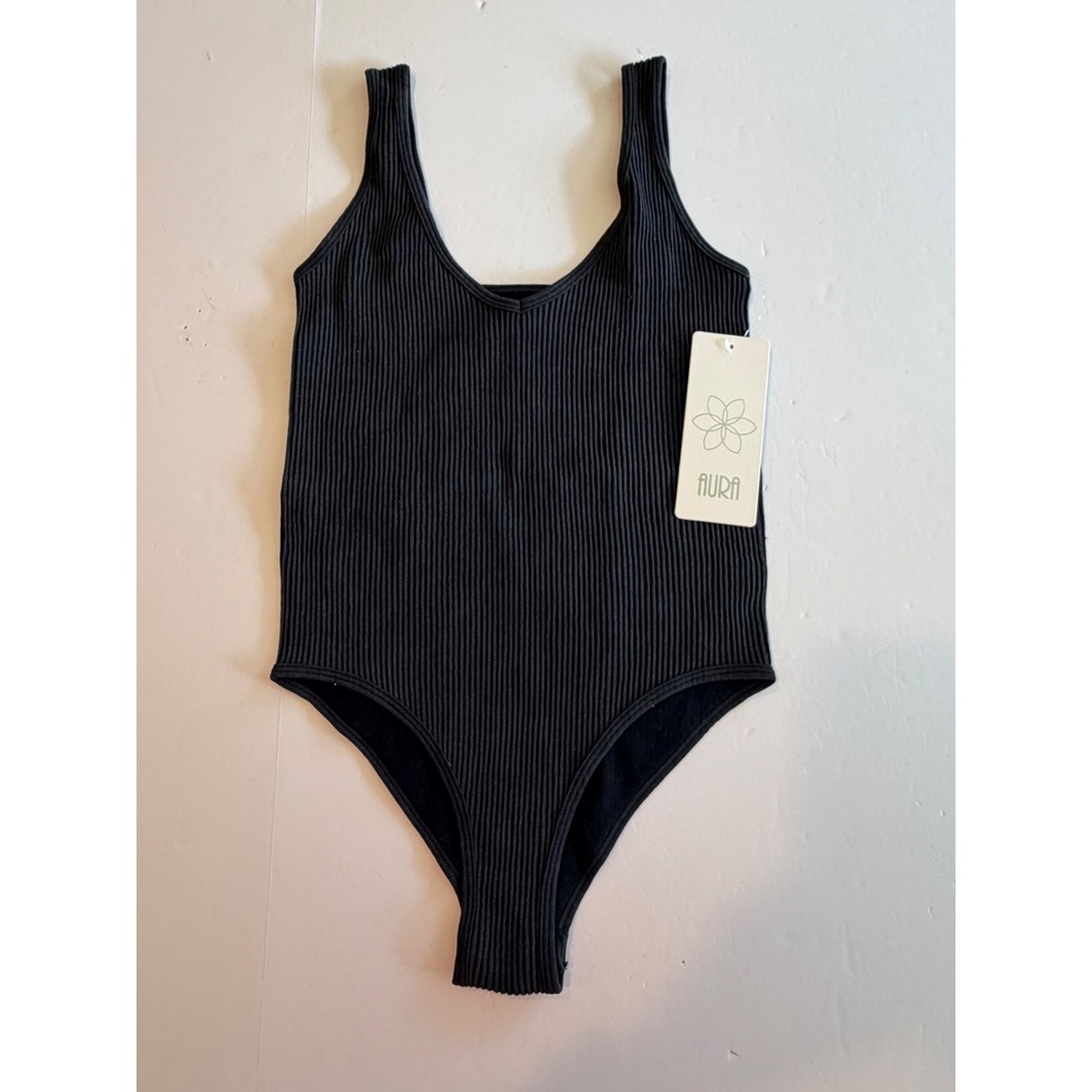 Aura Black Ribbedβ Bodysuit Scoop Neck Sleeveless Womens S/M NWT